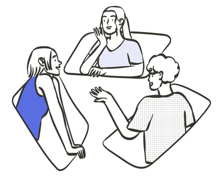 Video conference call. Group of people talk with colleague, partners or team members. Online meet or education webinar. Employees discuss project presentation or planning work or strategy distantly.