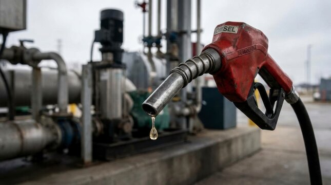 Red gasoline pump nozzle with a single drop of fuel dripping from the tip at a gas station