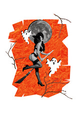 Composite artwork collage of happy halloween poster spooky season party decor fear ghost young...