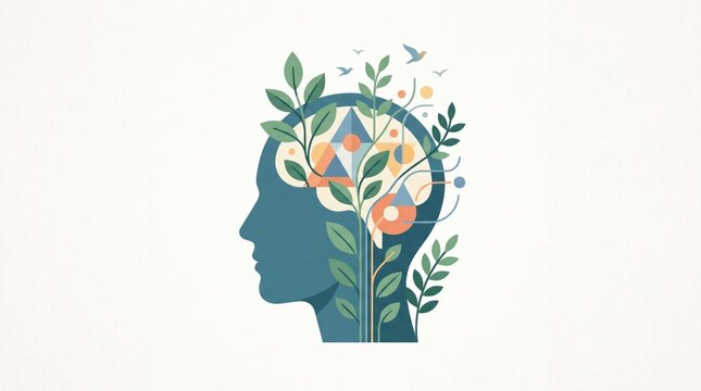 Profile view of human head outline containing foliage and geometric elements representing ecological awareness and mental wellness with mindfulness psychology wellness thinking abstract