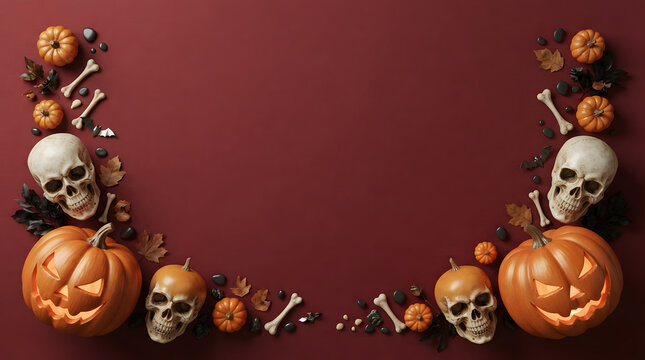 Halloween frame with pumpkins and skulls on dark red background for holiday greeting card