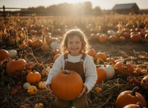 Happy young child holding a large pumpkin in a sunlit pumpkin patch during autumn, surrounded by various gourds and fall foliage