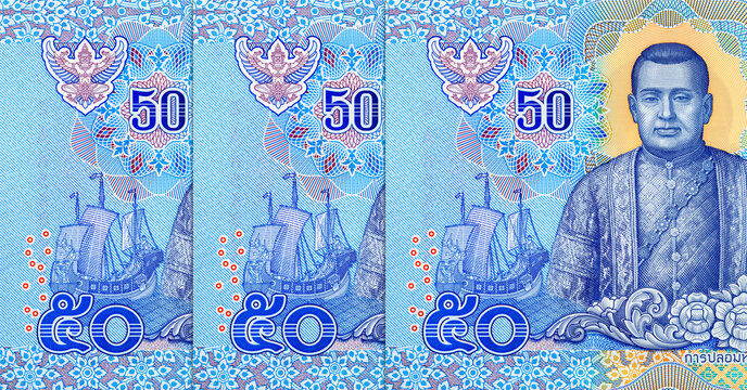 Reverse of 50 Baht Thailand Polymer Banknote featuring King Rama III and King Rama IV. New polymer money of Thailand.
