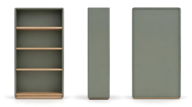 Three views of a modern gray bookshelf with wooden shelves and base.