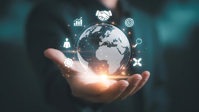 Human hand holding a glowing global network sphere, surrounded by abstract business and technology icons, representing interconnectedness, digital innovation, and future growth opportunities