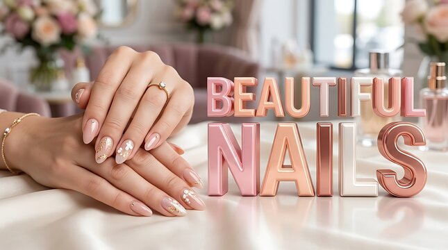 Woman hands with beautiful pink manicure and golden rings