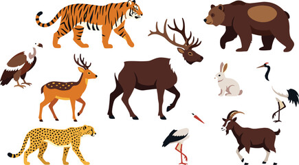 Naklejka premium Flat wild animals and birds vector illustration set featuring tiger, cheetah, bear, deer, and vulture for wildlife conservation designs.