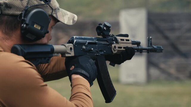 Shooter performs a precision aiming exercise with a tactical rifle during firearms training.