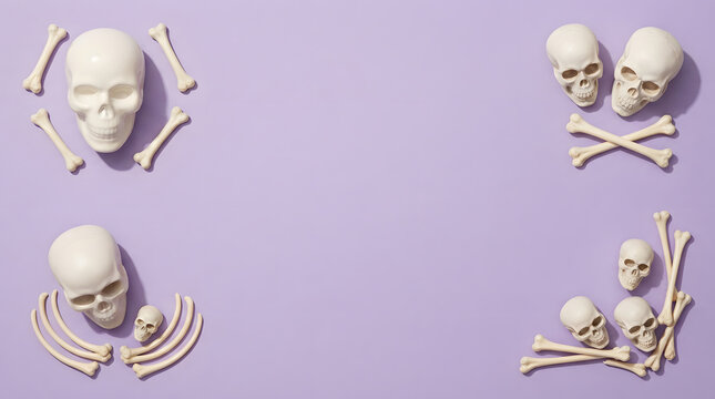 Halloween skull and bone border frame on a purple background for spooky holiday design