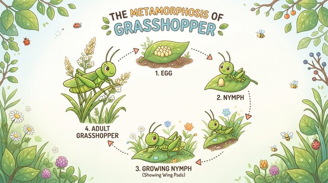 Colorful educational illustration depicting the life cycle and metamorphosis of a grasshopper from egg to adult insect in a natural setting