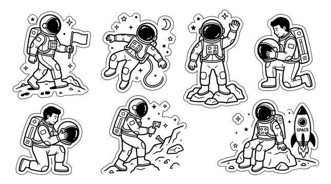 Illustrated set of astronauts in various space activities.