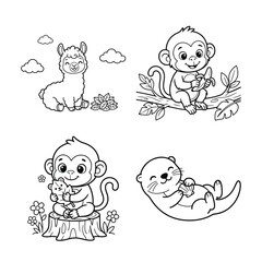 Naklejka premium Adorable Line Art of Cute Monkeys and a Llama with Nature Elements for Coloring Activities