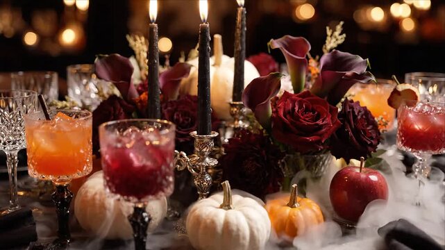 Elegant Halloween Pumpkin Table Centerpiece with Autumn Flowers, Glowing Candlelight, Colorful Cocktails, Seasonal Fruit, Theatrical Fog, and Festive Gothic Dinner Atmosphere for Entertaining