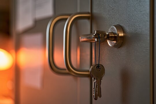 Two keys hang on a lock mechanism attached to a cabinet door