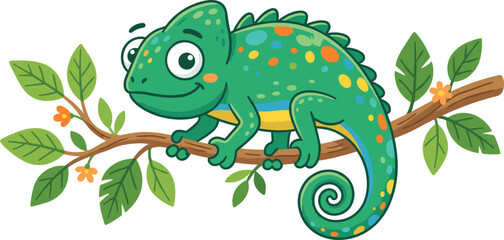 Fototapeta premium Cute cartoon chameleon vector illustration sitting on a tree branch with green leaves and small orange blossoms