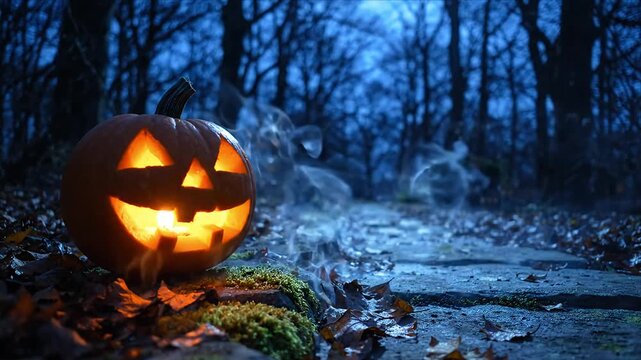Glowing Halloween Pumpkin with Carved Face Beside Misty Forest Path on Cold Autumn Night, Eerie Seasonal Scene, Wet Stones, Dramatic Blue Light and Warm Illumination