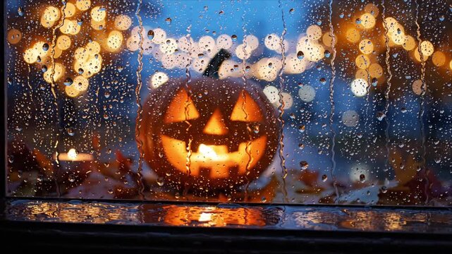 Glowing Halloween Pumpkin Jack O Lantern Behind Rain Covered Window, Warm Candle Reflection, Mysterious Autumn Night Atmosphere, Spooky Seasonal Celebration with Festive Colorful Bokeh Lights