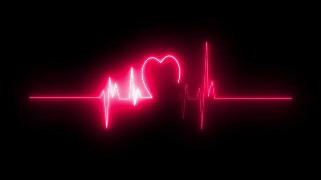 ECG monitor beating heart with a neon electrocardiogram overlay Glowing Neon heartbeat line animation on black background.
