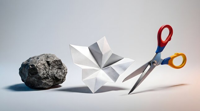 3D Rock Paper Scissors Game Concept with Stone, Paper and Scissors