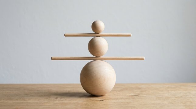 Minimalist Zen Balance Sculpture with Wooden Spheres and Rods on a Table, Concept of Equilibrium and Stability