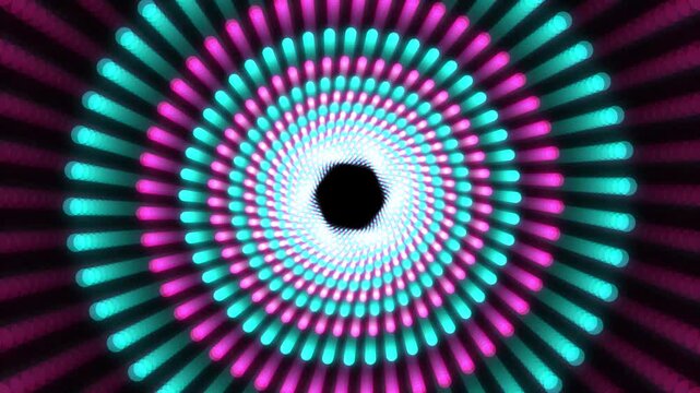 Abstract tunnel of glowing neon light rings in pink and cyan colors, futuristic digital circular portal with rotating dotted lines on a black background creating a retro disco backdrop