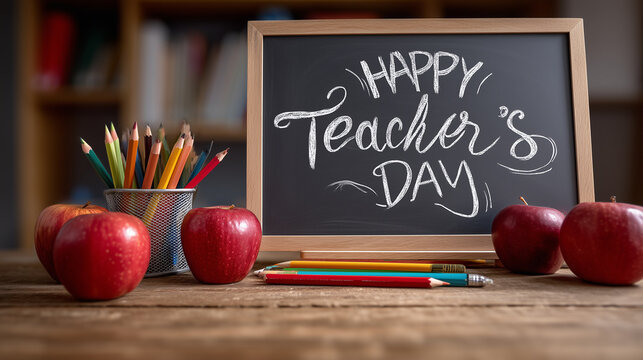 Teacher's Day concept with a framed chalkboard greeting, red apples, and colored pencils on a wooden desk, representing educator appreciation, school celebration, and education.