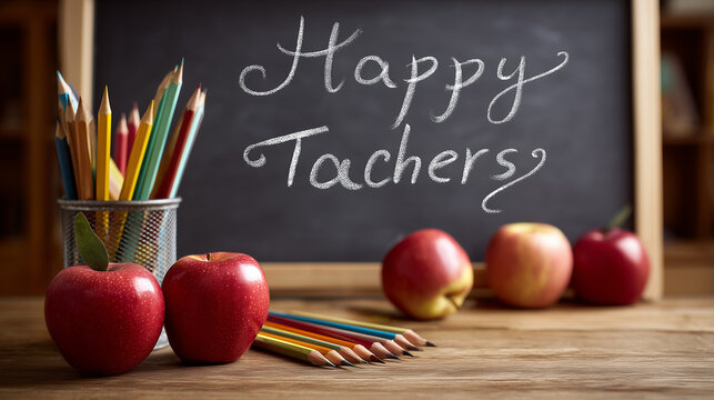Teacher's Day classroom still life featuring a chalkboard message, red apples, and colorful pencils, ideal for education, appreciation, school celebrations, and academic greeting concepts.