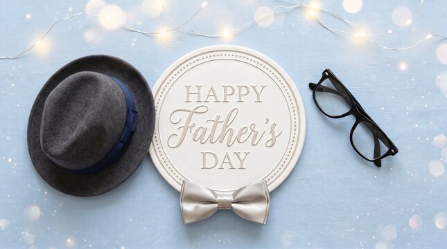 Happy Father's Day greeting card, flat lay with fedora hat and glasses on blue background, elegant father's day celebration concept