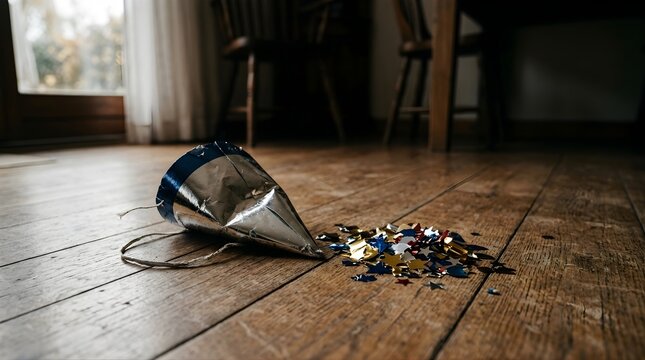 Silver party hat with colorful star confetti on a wooden floor at home