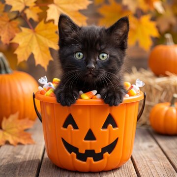 Cute Black Kitten in Halloween Pumpkin Bucket with Candy Corn and Autumn Leaves