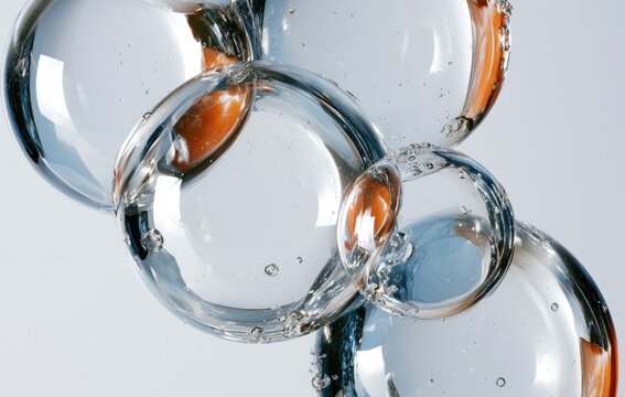Macro view of clear, round bubbles with orange reflections against a light background