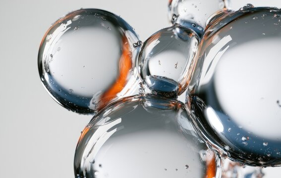 Close-up view of interconnected transparent spheres with orange light reflections