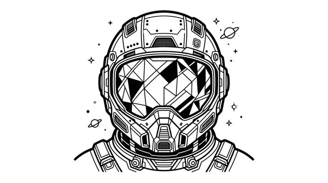 Detailed black and white illustration of a futuristic astronaut helmet.