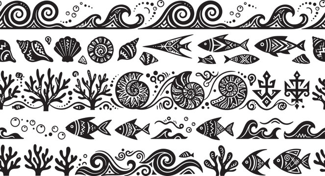 Vintage Maritime Borders, Nautical Hand-Drawn Lines, Sea Shells and Coral, Fishes, Waves, Tattoo Inspirations for Printing, Vector Illustration Art