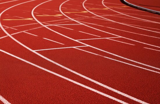 Red athletic track with white lane lines curves into distance