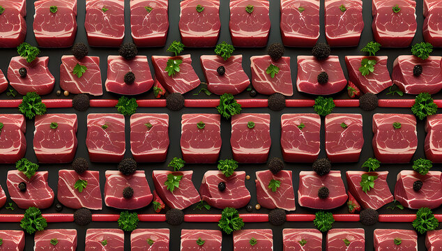 Fresh raw beef steaks arranged in a pattern illustration