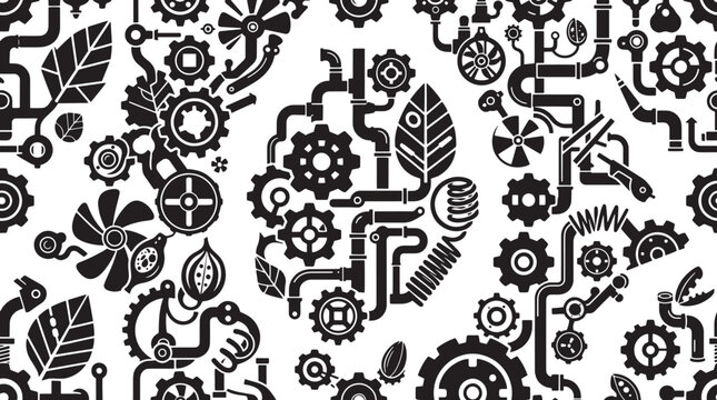 Abstract industrial seamless pattern with gears, pipes, and cogs. Steampunk machinery background. Black and white vector illustration for tech texture.