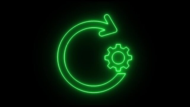 Neon Refresh Circular Arrow with Gear Icon on Black Background