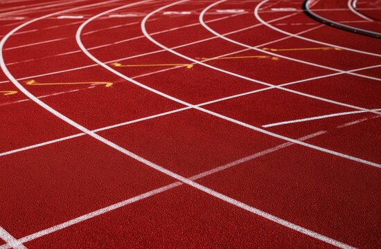 Red athletic track with white lane lines, curving toward distance