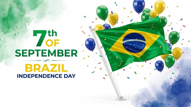 Brazil Independence Day celebration background, 7th of September banner with Brazilian flag, festive balloons and confetti