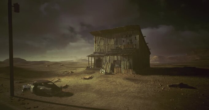 Desert shack at dusk with fallen drifter near porch, weathered wood, scattered debris, distant storm clouds, abandoned road, lonely atmosphere