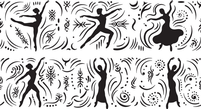 Hand-drawn ethnic dancing figures. Black silhouettes of moving people in tribal style. Dancer set with stylized swirls and abstract ornaments. Vintage primitive folk art vector pattern for
