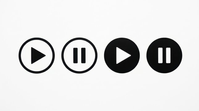 Minimalist Black and White Play and Pause Button Icons Set for Media Player UI UX Design on White Background