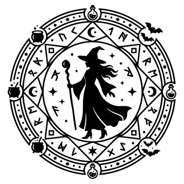 Silhouette of a witch holding a staff inside a mystical magic circle with runes, stars, potion bottles, cauldrons, and bats. Black and white vector illustration for Halloween.