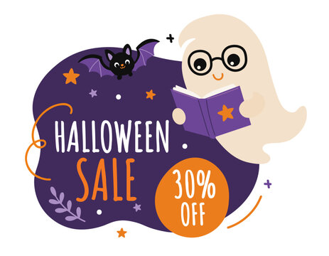 Cute Halloween sale design with a friendly ghost reading a book, flying bat, festive decorations and 30% off discount badge. Halloween vector design perfect for seasonal retail promotions.