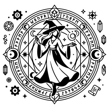 Mystical witch casting a spell inside a magic circle with runes, crystals, and celestial symbols. Black and white vector illustration for Halloween, magic, and alchemy.