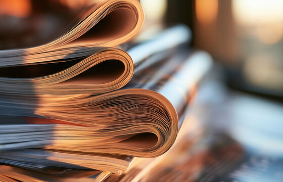 stack of printed newspapers or magazines with folded pages close up shot in warm golden sunlight morning news press journalism media publishing paper print information concept warm tone