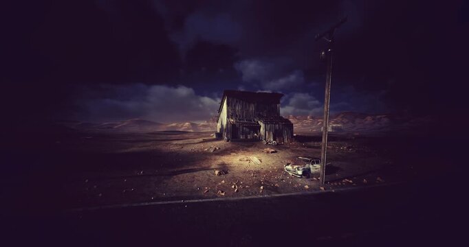 lonely guard post on empty road under brooding sky with pole and scattered trash, cinematic light creates tense quiet and nostalgic texture
