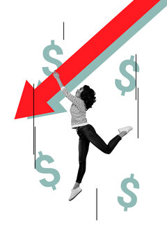 Creative trend collage of&nbsp;female hang arrow down bankruptcy crisis concept weird bizarre unusual fantasy billboard