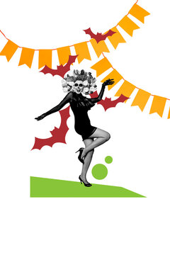 Vertical photo collage of happy caballero catrina bride costume girl dance halloween party garland bats isolated on painted background